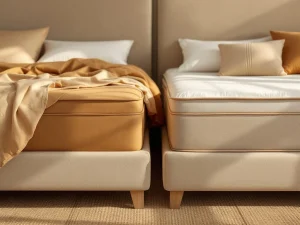 Twee elegante boxsprings met dekbedden: antraciet fluweel en beige stof op jute vloerkleed met sierkussens