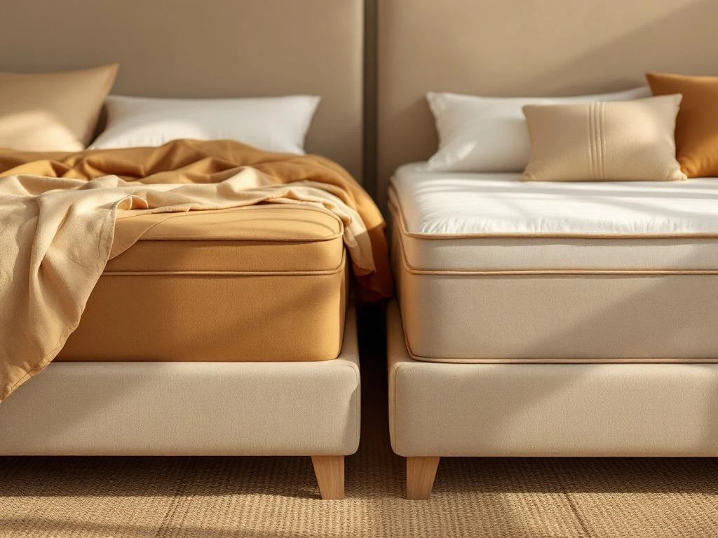 Twee elegante boxsprings met dekbedden: antraciet fluweel en beige stof op jute vloerkleed met sierkussens