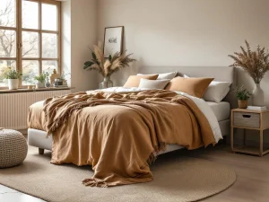 Complete boxspring met beige hoofdbord en terracotta dekbed in landelijke slaapkamer met houten balken en natuurlijke styling