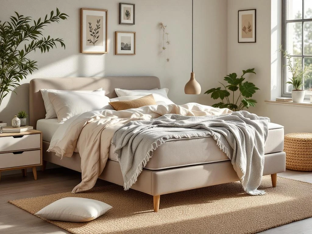 Complete beige boxspring bed met dekbed en sierkussens in Nederlandse slaapkamer, nachtkastje met '30 dagen proefslapen' boekje