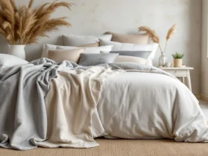 Boxspring bekledingen in showroom: antraciet textiel, beige teddy stof en grijs geweven materiaal met dekbedden