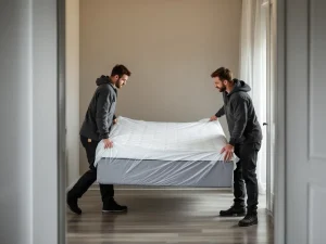 Twee bezorgers tillen voorzichtig een verpakte boxspring de trap op in een Nederlands trappenhuis met houten leuningen.