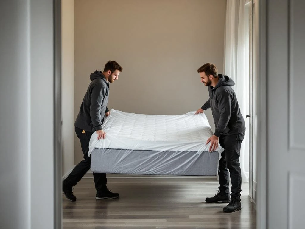 Twee bezorgers tillen voorzichtig een verpakte boxspring de trap op in een Nederlands trappenhuis met houten leuningen.