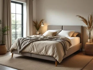 Grijze boxspring voor buikslapers in slaapkamer met beige beddengoed, sierkussens en natuurlijke decoratie