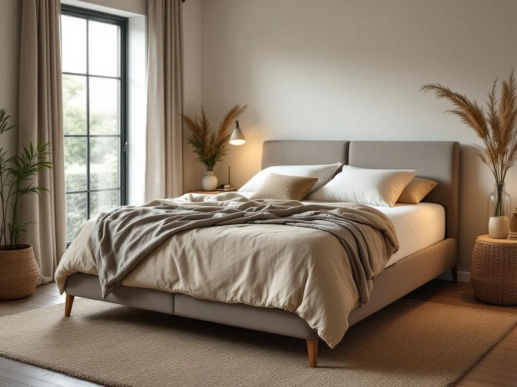 Grijze boxspring voor buikslapers in slaapkamer met beige beddengoed, sierkussens en natuurlijke decoratie