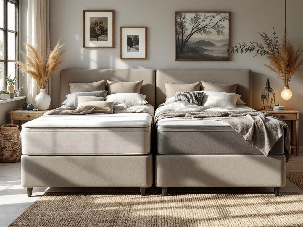 Twee complete boxsprings (200x200 en 240x220) met gestoffeerde hoofdborden in stijlvolle slaapkamer met aardetinten