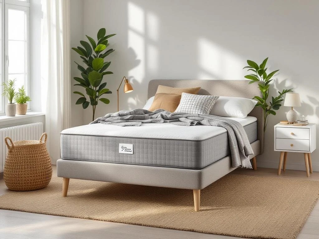 Complete boxspring met beige hoofdbord in warme slaapkamer met dekbed, sierkussens en natuurlijke ochtendbelichting