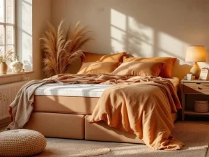 Complete boxspring bed met terracotta dekbed en beige gestoffeerd frame in warme slaapkamer met natuurlijke belichting