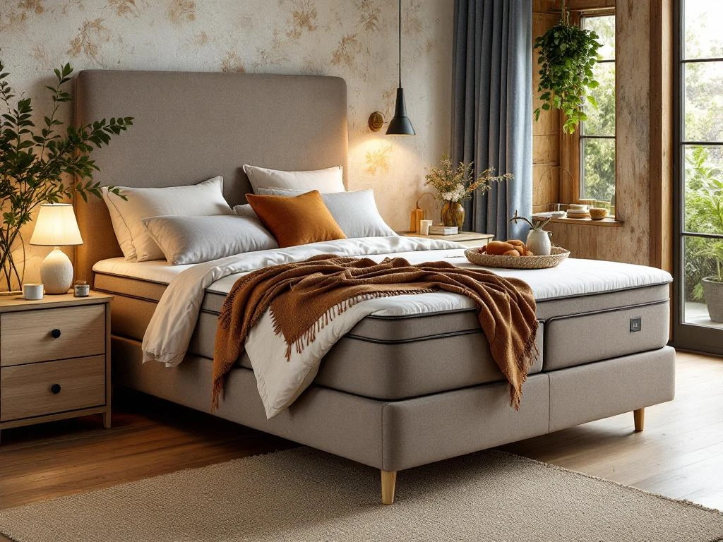 Complete boxspring bed in grijze stoffering met beige kussens en terracotta plaid in Nederlandse slaapkamer met houten accenten