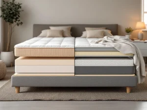 Boxspring doorsnede toont constructieverschil: links met lattenbodem, rechts zonder, met dekbed en beige styling