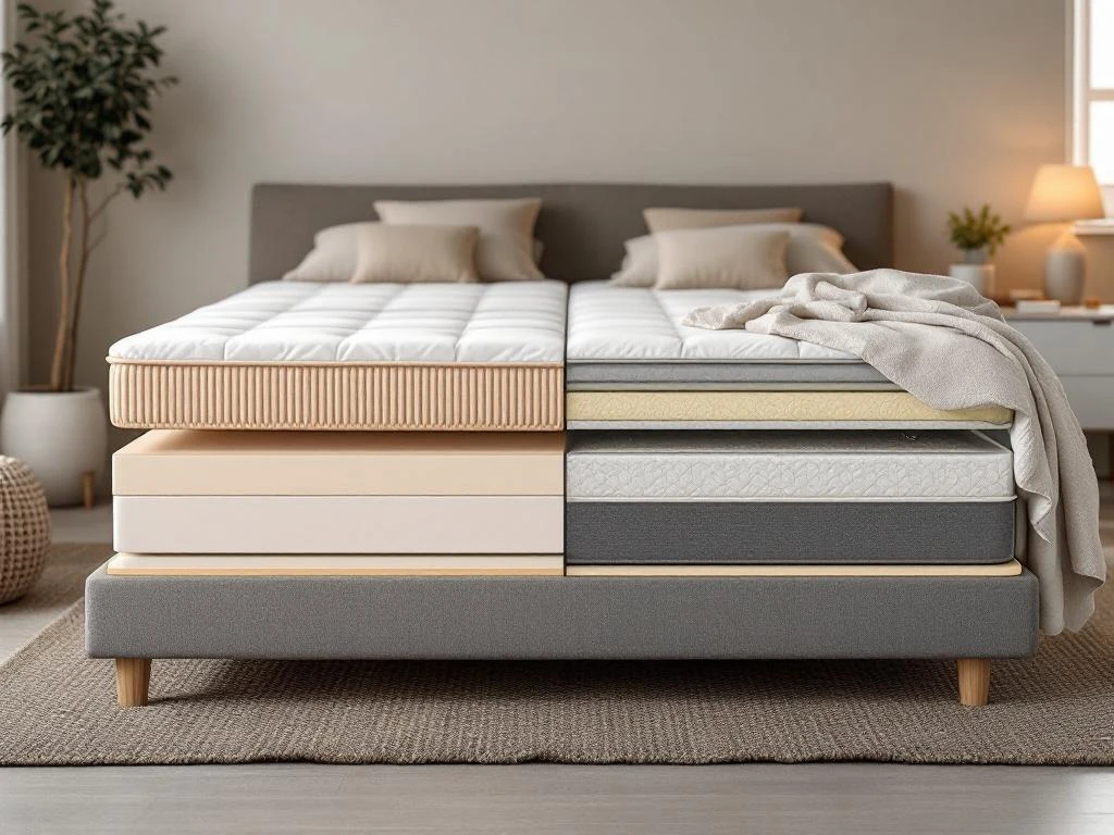 Boxspring doorsnede toont constructieverschil: links met lattenbodem, rechts zonder, met dekbed en beige styling