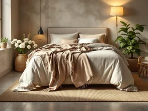 Complete boxspring met beige gestoffeerd frame en luxe dekbedden in warme slaapkamer met natuurlijke styling