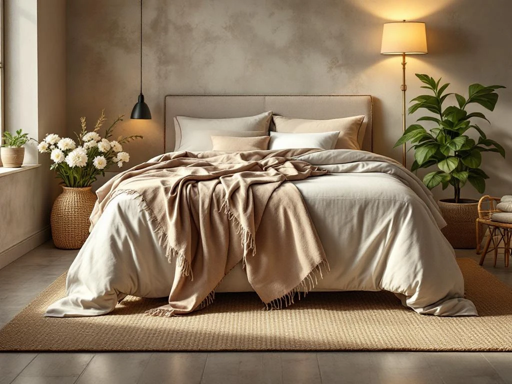 Complete boxspring met beige gestoffeerd frame en luxe dekbedden in warme slaapkamer met natuurlijke styling