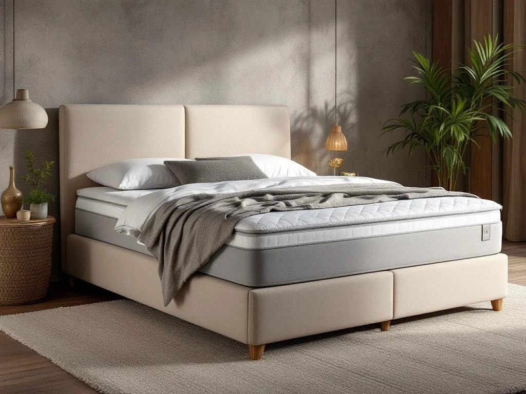 Gedemonteerde boxspring bed met gescheiden onderdelen en hoofdbord apart, beige gestoffeerd frame in slaapkamer