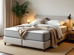 Boxspring bed met grijs gestoffeerd frame en beige dekbed in stijlvolle slaapkamer met jute vloerkleed