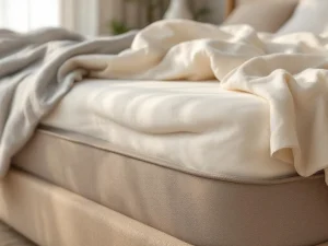 Boxspring met lichte doorzakking in het midden, beige gestoffeerd frame, dekbed gedeeltelijk weggetrokken