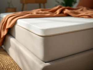 Boxspring met zichtbare doorzakking in het midden, beige gestoffeerd bedframe met terracotta dekbed gedeeltelijk zichtbaar