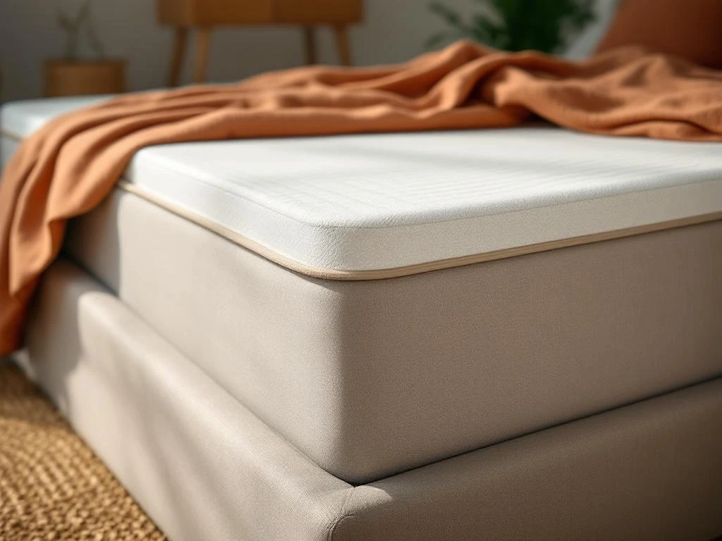 Boxspring met zichtbare doorzakking in het midden, beige gestoffeerd bedframe met terracotta dekbed gedeeltelijk zichtbaar