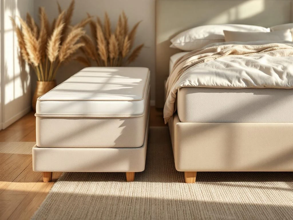 Boxspring bed met antraciet hoofdbord op houten vloer en beton, beige dekbed, jute kleed, warme belichting