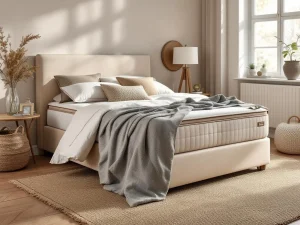 Elegante beige boxspring met gestoffeerd hoofdbord, sierkussens en warme slaapkamer styling met natuurlijke belichting