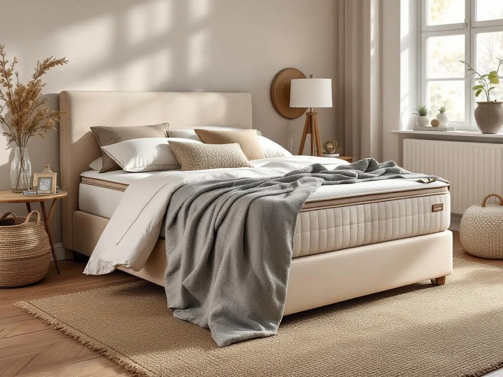 Elegante beige boxspring met gestoffeerd hoofdbord, sierkussens en warme slaapkamer styling met natuurlijke belichting