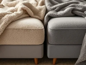 Twee boxspring hoofdborden naast elkaar: beige teddystof links, antraciet velours rechts, met dekbedden en jute vloerkleed