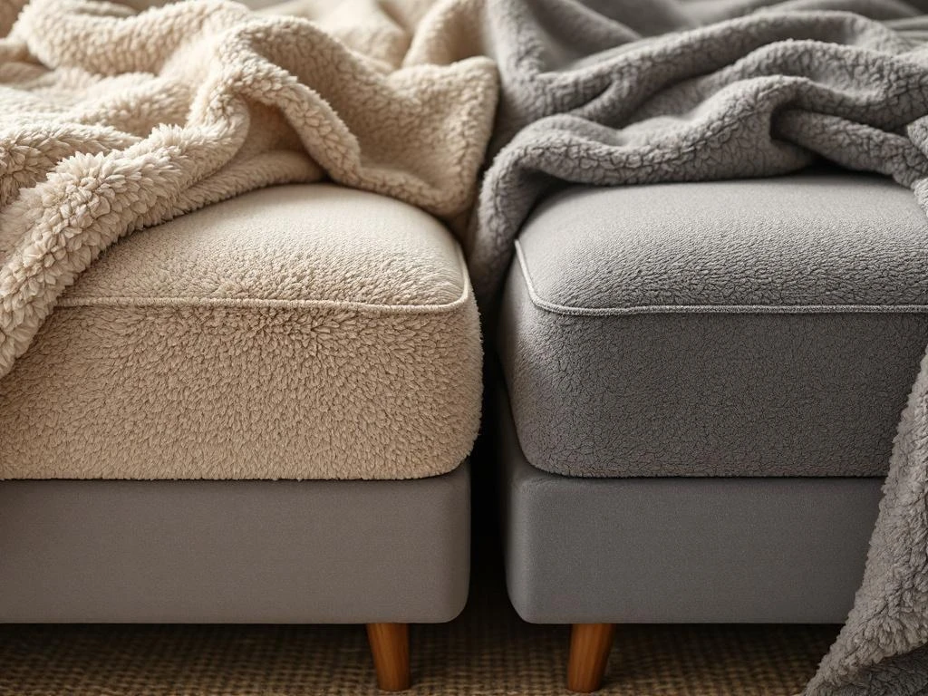 Twee boxspring hoofdborden naast elkaar: beige teddystof links, antraciet velours rechts, met dekbedden en jute vloerkleed