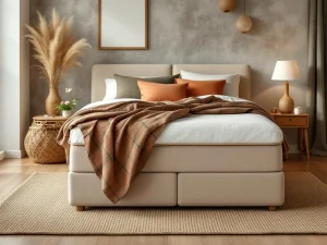 Beige gestoffeerd boxspring bed met terracotta kussens op naturel jute vloerkleed in warme slaapkamer setting