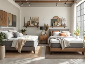 Showroom met 2026 boxspring kleuren: beige, antraciet, saliegroen en terracotta met dekbedden en decoratieve kussens