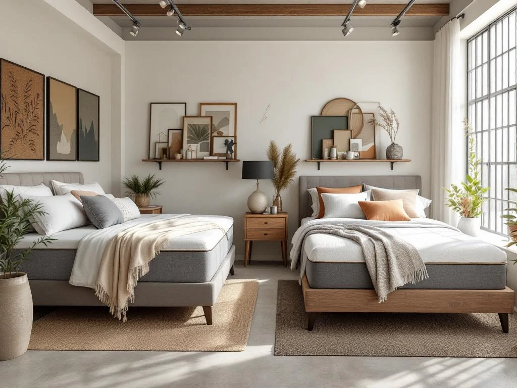 Showroom met 2026 boxspring kleuren: beige, antraciet, saliegroen en terracotta met dekbedden en decoratieve kussens