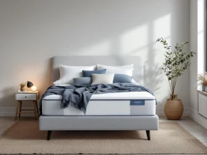 Moderne boxspring met koelende eigenschappen in lichtgrijs met blauwe accenten in stijlvolle slaapkamer