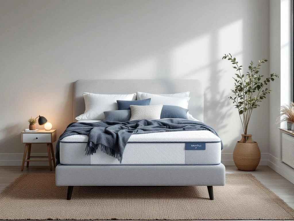 Moderne boxspring met koelende eigenschappen in lichtgrijs met blauwe accenten in stijlvolle slaapkamer