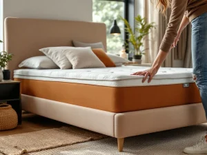 Persoon stofzuigt boxspring matras met moderne stofzuiger in warme slaapkamer met beige hoofdbord en terracotta dekbed