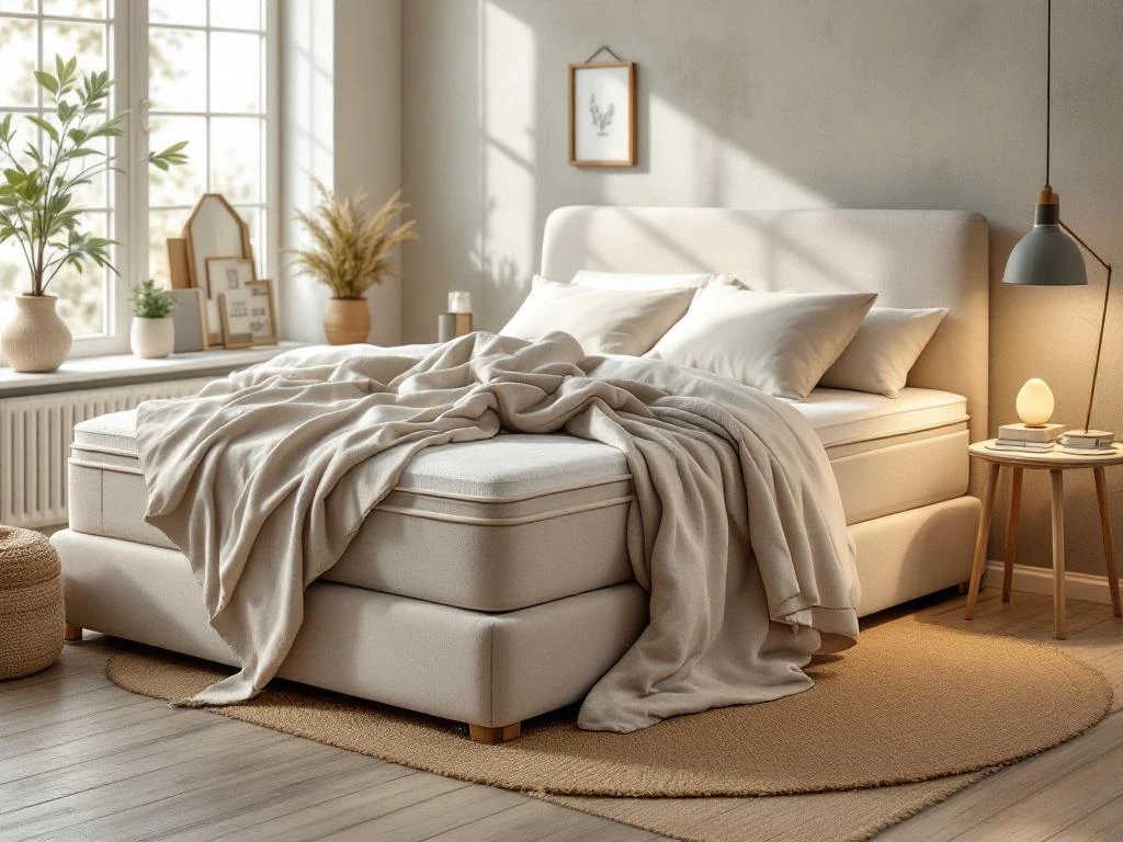 Complete beige boxspring bed met dekbed en sierkussens in natuurlijke slaapkamer tijdens montage met gereedschap