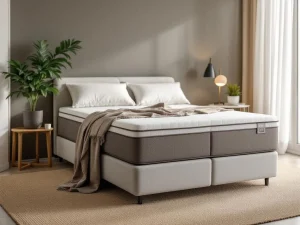 Persoon monteert boxspring in slaapkamer met gereedschap en onderdelen zichtbaar, warme beige tinten en natuurlijk licht