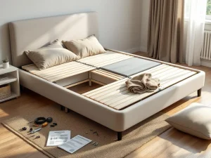 Boxspring montage in uitvoering op houten vloer met gereedschap, handleiding en beige stoffering in natuurlijk licht