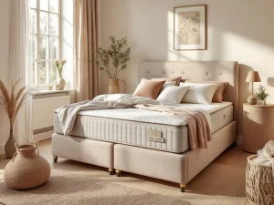 Boxspring bed met opgetild dekbed toont verborgen opbergruimte met opbergboxen in beige slaapkamer met natuurlijke belichting
