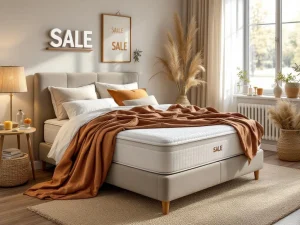 Boxspring bed met beige gestoffeerd frame en terracotta dekbed in slaapkamer met SALE kortingslabels en natuurlijke styling