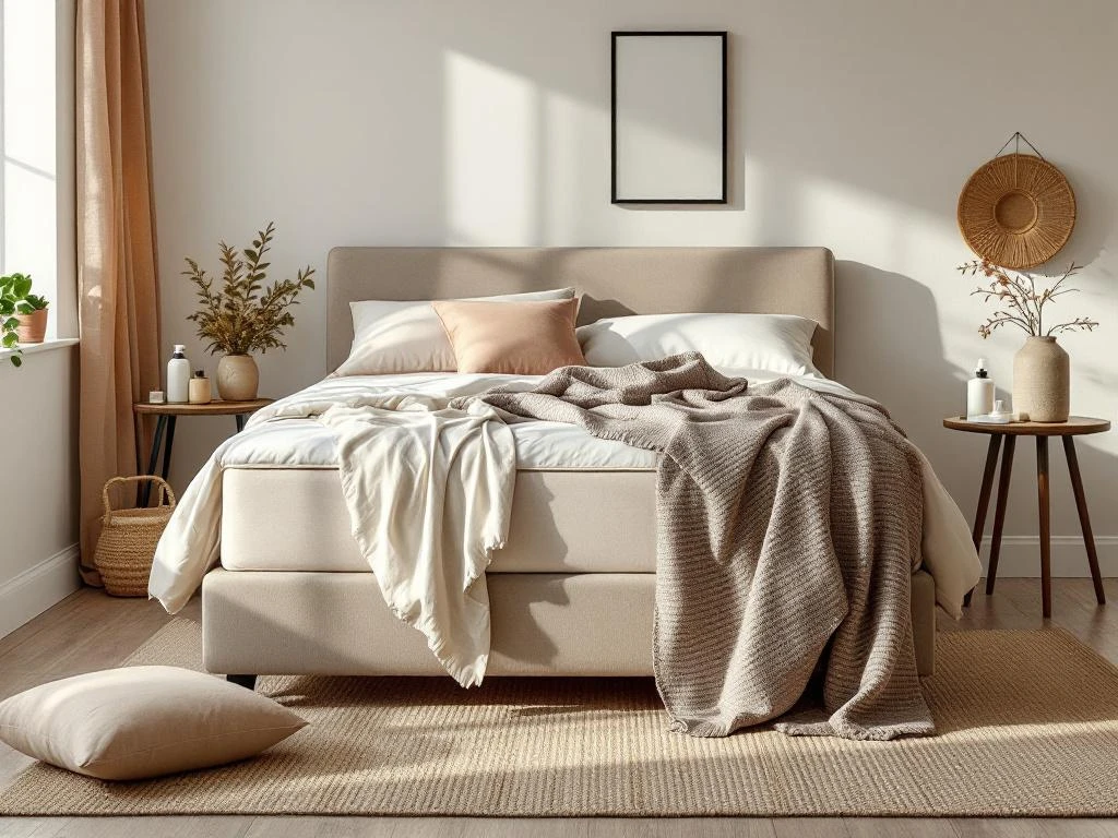 Boxspring bed met beige gestoffeerd frame en dekbed in verzorgde slaapkamer met schoonmaakmiddelen en stofzuiger