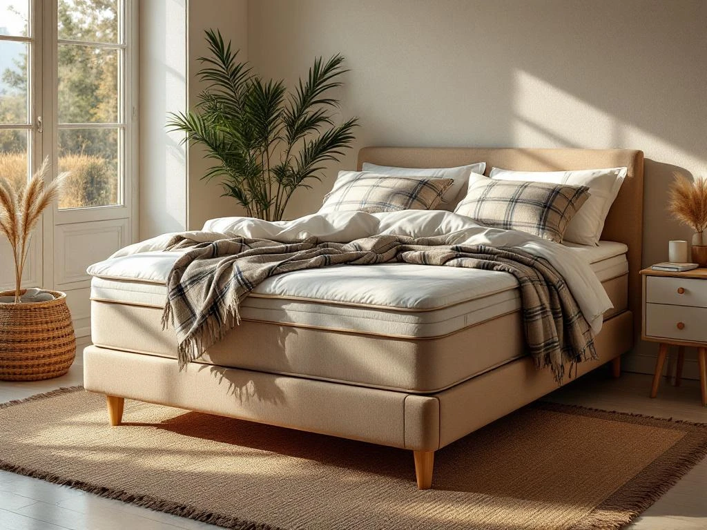 Complete beige boxspring met dekbed in warme slaapkamer, nachtkastje met contractpapieren en rekenmachine