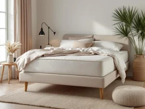 Nette boxspring met beige dekbed in warme slaapkamer, witte lakens op voeteneind, jute vloerkleed en natuurlijke belichting