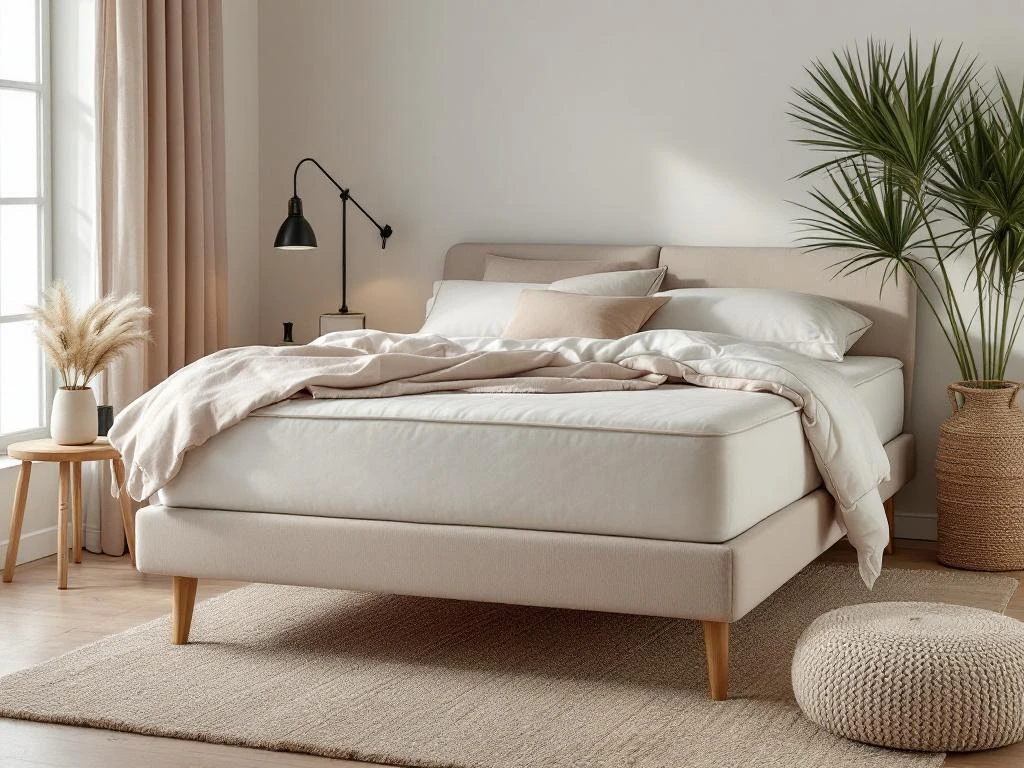 Nette boxspring met beige dekbed in warme slaapkamer, witte lakens op voeteneind, jute vloerkleed en natuurlijke belichting