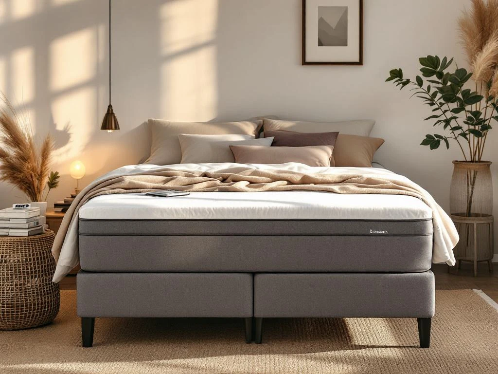 Complete boxspring bed met beige gestoffeerd frame in warme slaapkamer met dekbed, kussens en financieringsdocumenten