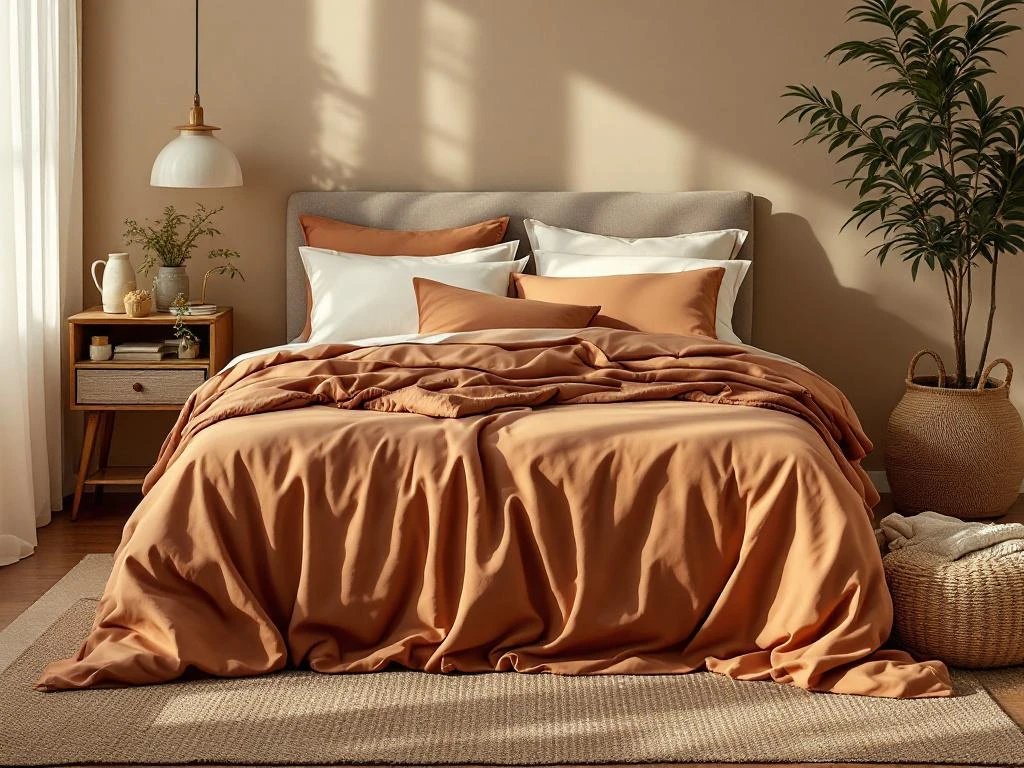 Complete boxspring met beige hoofdbord en terracotta dekbed in warme slaapkamer met variërende kussens