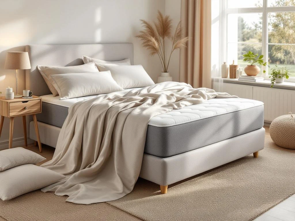 Complete boxspring bed met beige hoofdbord in warme slaapkamer, verschillende kussens en natuurlijke styling