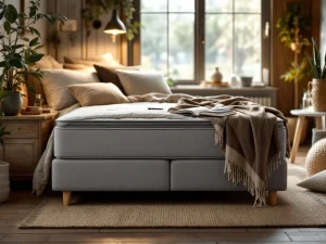 Complete boxspring bed met antraciet hoofdbord in beige slaapkamer, retourformulier op nachtkastje, zachte ochtendbelichting