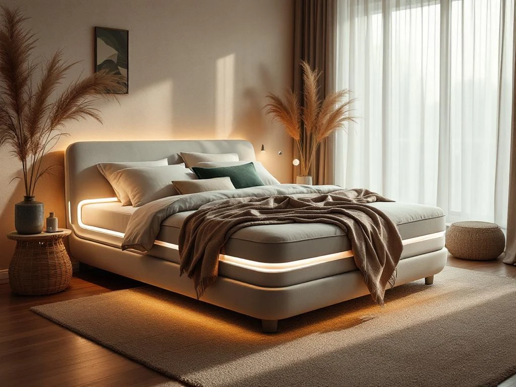 Moderne antraciet boxspring met LED-verlichting in hoofdbord, beige kussens, saliegroen plaid en natuurlijke decoratie