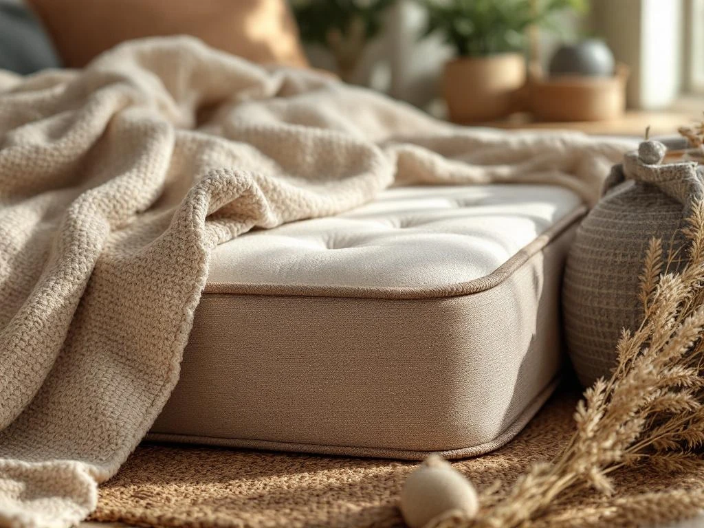 Drie boxspring hoofdborden met beige teddy, antraciet geweven en grijze bouclé stoffen in natuurlijke slaapkamer setting