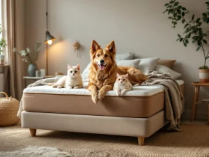 Beige teddystof boxspring met hond en kat, zachte dekbed en kussens in natuurlijke slaapkamer setting