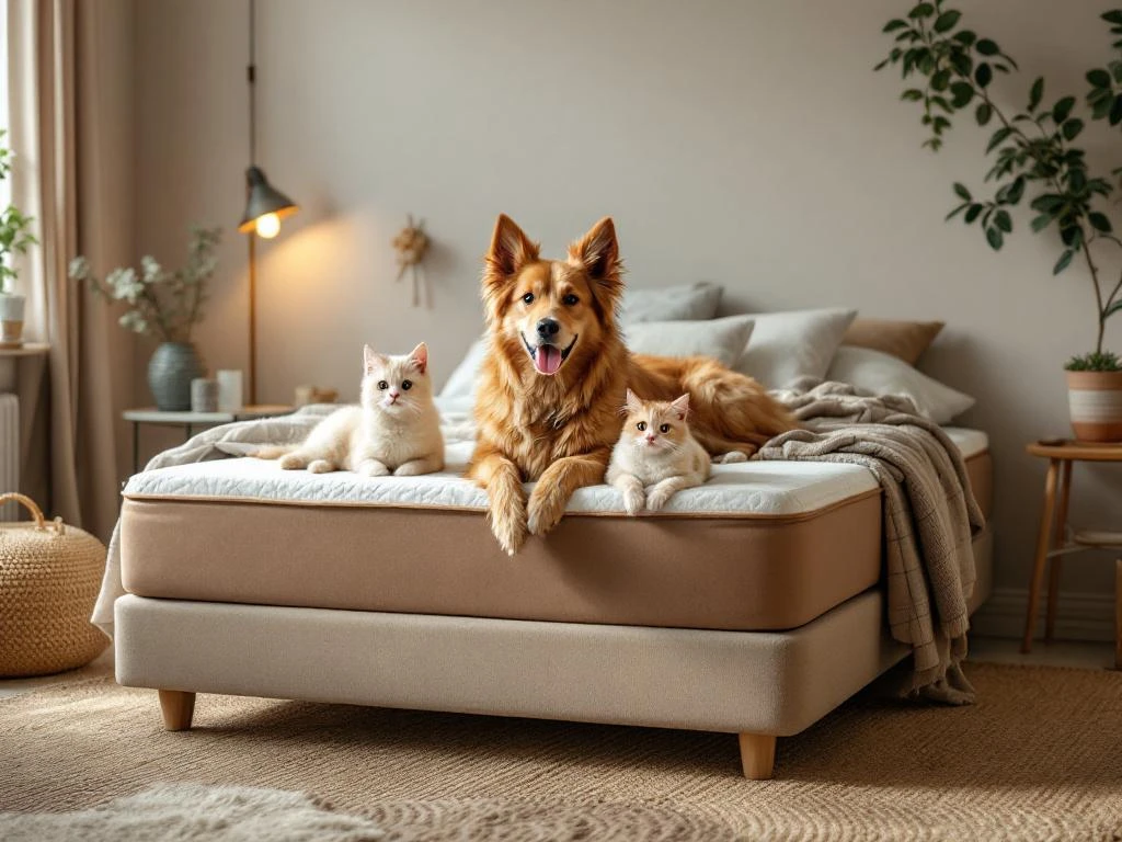 Beige teddystof boxspring met hond en kat, zachte dekbed en kussens in natuurlijke slaapkamer setting
